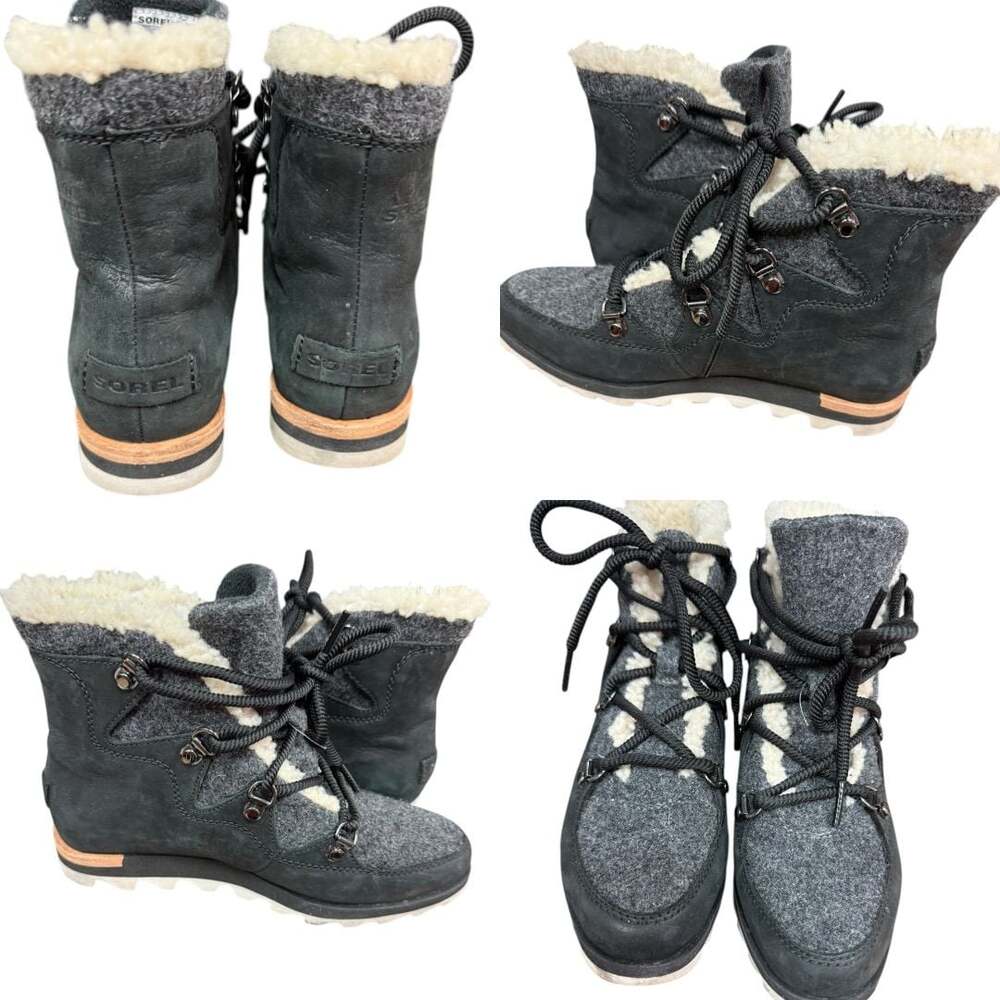 Sorel Explorer Joan Boots, Women's Size 5 — Black Suede and Grey Felt.